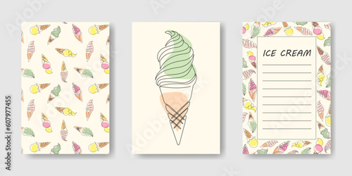 Set of Summer Backgrounds with one line drawn Ice creams. Pattern, frame, single ice cream on a light background. Layout for menu, advertising, flyers, invitations