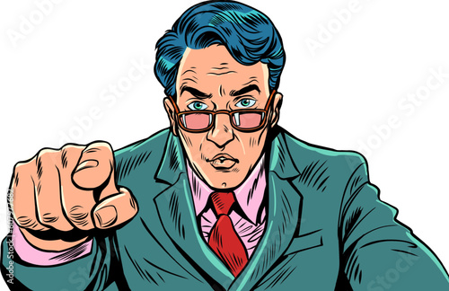 Chiefs choice. The customer points to the product he likes. A man in a suit and glasses points with his finger. Pop Art Retro