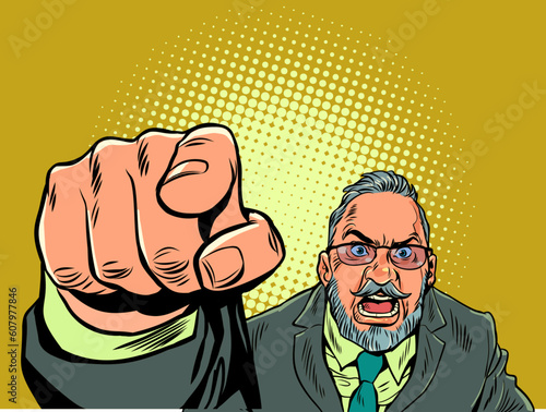 Frustrated boss scolds subordinate. Angry customer swears in the store. A man in a suit points to something displeased. Pop Art Retro