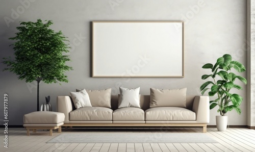 Blank picture frame mockup on white wall, Artwork in design interior. Modern scandinavian style, generative AI © Enigma