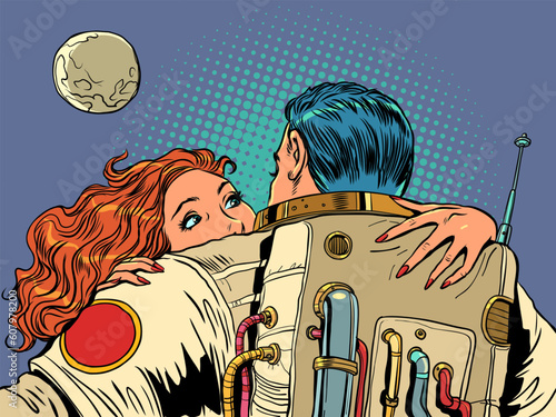 Relationship between a couple at a distance. Waiting for a loved one from afar. The girl hugs the astronaut. Pop Art Retro