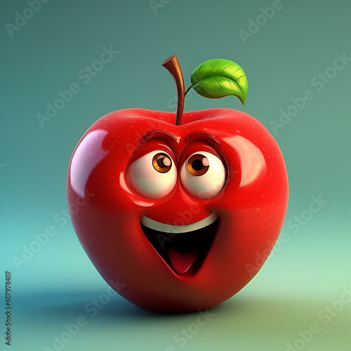 Funny cartoon apple with a big smile isolated on light blue background. Cute smiling apple cartoon character emoticon mascot. Generative AI photo