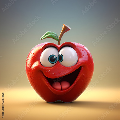 Funny cartoon apple with a huge smile isolated on light background. Cute smiling apple cartoon character emoticon mascot. Generative AI photo