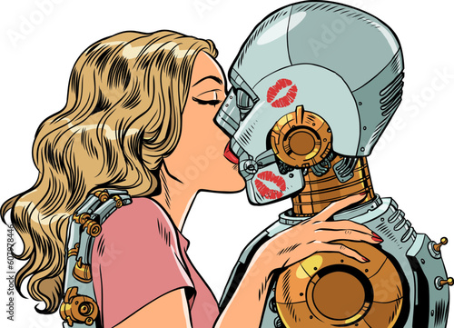 The interaction of artificial intelligence and people. Replacing real relationships with fictitious ones. The girl kisses the robot. Pop Art Retro