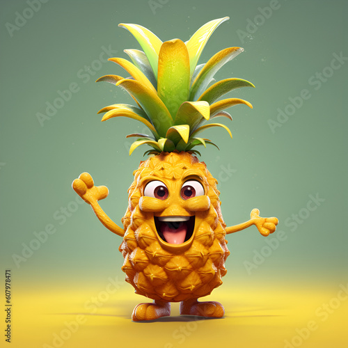 Funny cartoon pineapple with a huge smile isolated on light blue and yellow background. Cute happy pine apple cartoon character emoticon mascot. Generative AI photo
