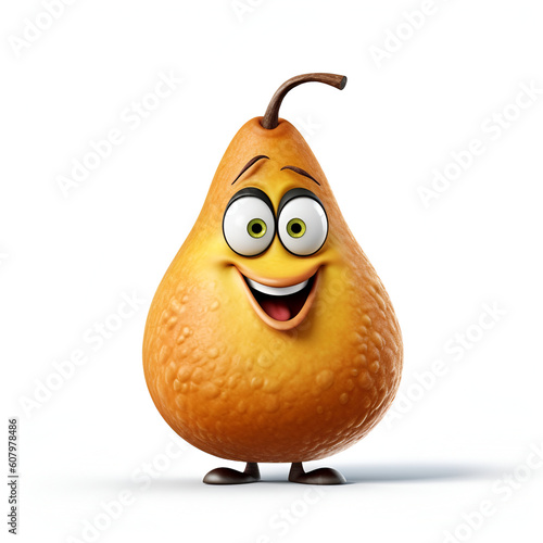 Funny cartoon pear with a huge smile isolated on white background. Cute happy yellow pear cartoon character emoticon mascot. Generative AI photo