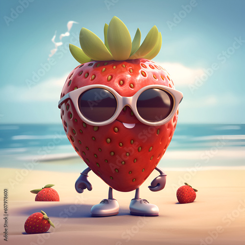 Funny cartoon strawberry wearing sunglasses on the beach. Cool strawberry cartoon character in sun glasses emoticon mascot, summer banner. Generative AI photo