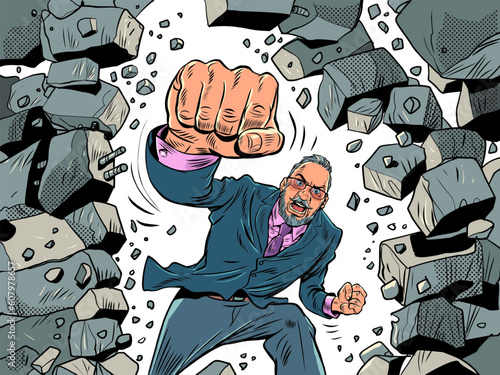 Breaking stereotypes, overcoming obstacles. The emergence of new unexpected discounts. A man in a suit breaks a wall with his fist. Pop Art Retro