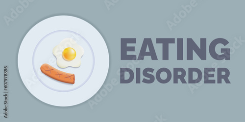 Fried Egg Plate and Bitten Sausage. Text Eating Disorder. No appetite. Discomfort due to food habits. Behavior Syndrome. Psychological problem, anxiety disorder. Volumetric, 3D. Vector illustration.