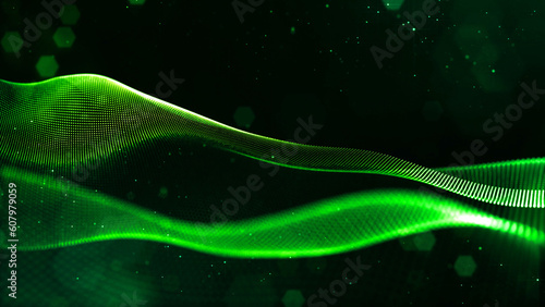 abstract sci-fi background with glow particles form curved lines, surfaces, hologram structures or virtual digital space. Green motion design background of microworld or cosmic space. Strings