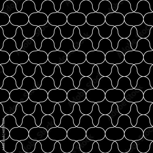 Black figures tessellation on white background. Image with floral shapes. Ethnic mosaic tiles motif. Seamless surface pattern design with interlocking oriental ornament. Window tracery wallpaper.