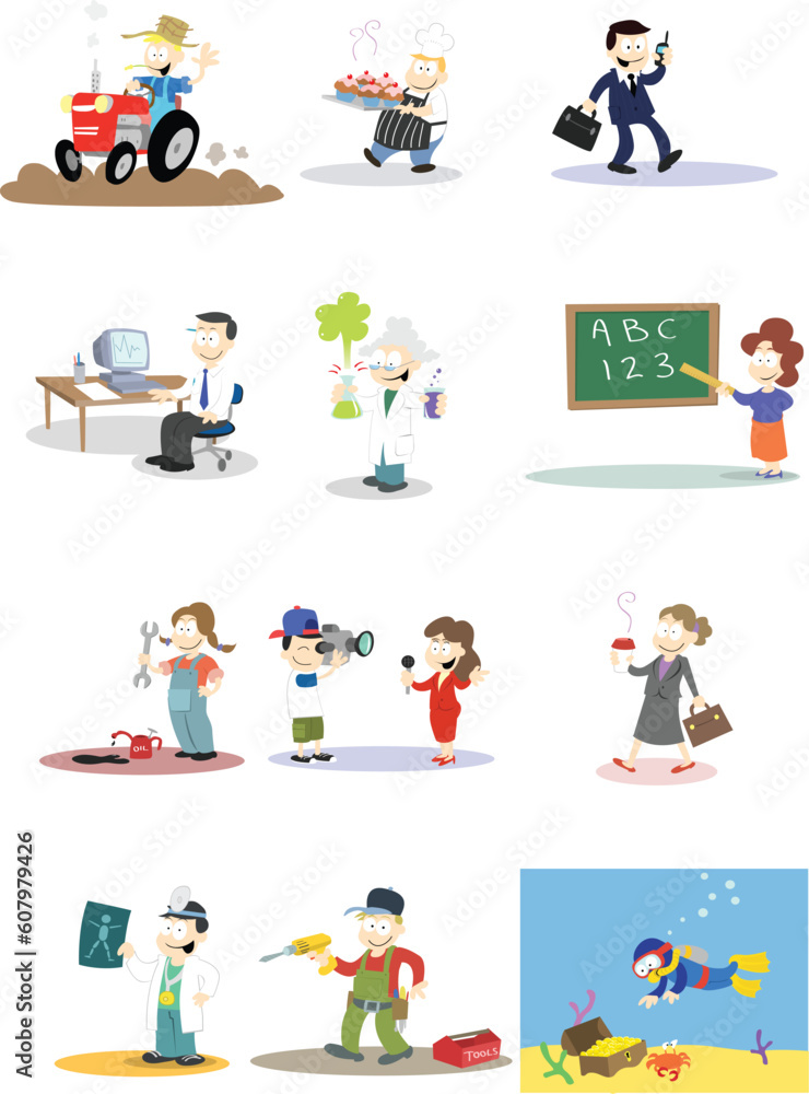 A collection of vector characters in various professions. Note: Backgrounds and colours can easily be edited if purchasing the vector version of this design. A collection of vector characters in various professions. Note: Backgrounds and colours can easily be edited if purchasing the vector version of this design.