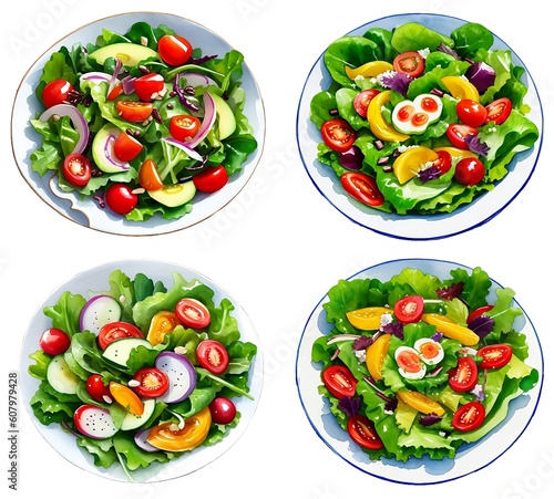 Healthy eating salad dish collection. Watercolor style illustration. Salads with spinach, tomato, eggs, mozzarella cheese. Generative AI