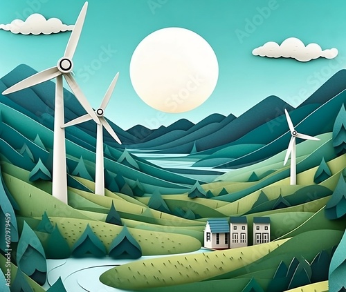 Wind energy concepr, wind turbines, eco friendly landscape with mountains and river. Small town houses. Generative AI photo