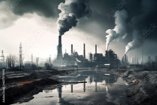 Metallurgical factory or metal processing plant pollution, smoking industrial chimneys. Barren dirty environment. Generative AI