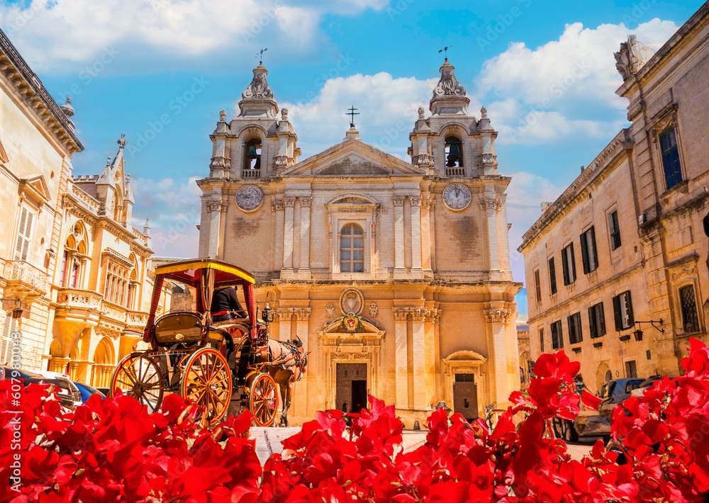 Wide view of Saint Paul Cathedral architecture in Mdina village of Malta on a sunny day in Europe