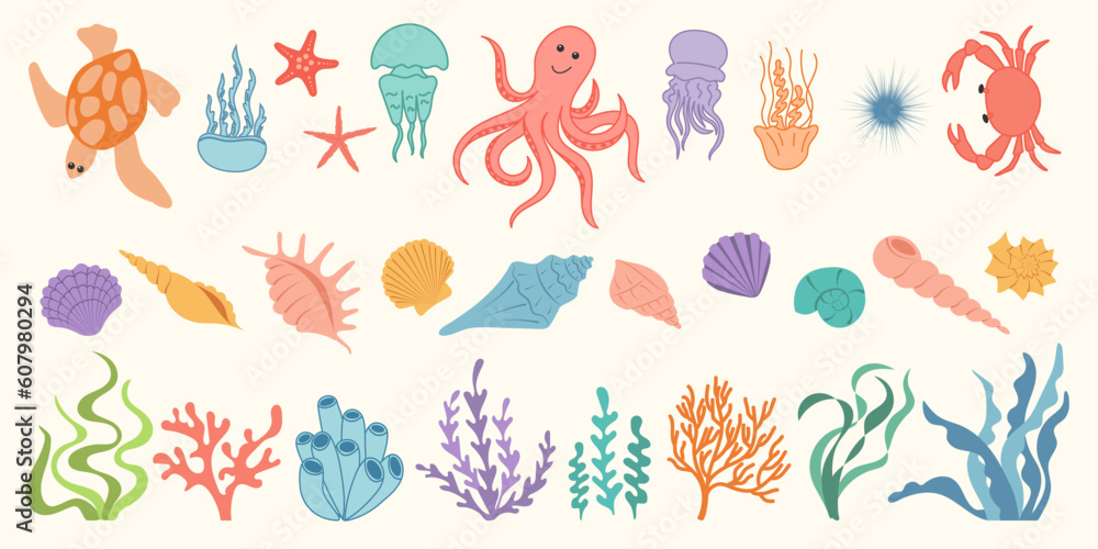 Big collection of underwater creatures. Cute colorful hand drawn marine animals, seaweed, seashells. Summer sea background with octopus, jellyfish, crab, star, turtle Big collection of underwater creatures. Cute colorful hand drawn marine animals, seaweed, seashells. Summer sea background with octopus, jellyfish, crab, star, turtle