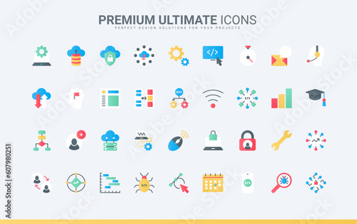 Maintenance of cloud service, data export, modify and synchronisation with server, antivirus programming. Support for computer software, program code trendy flat icons set vector illustration