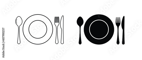 Fork, knife, spoon and plate set icons. Logotype menu. Plate with cutlery set knife spoon fork vector line art vector illustration. 