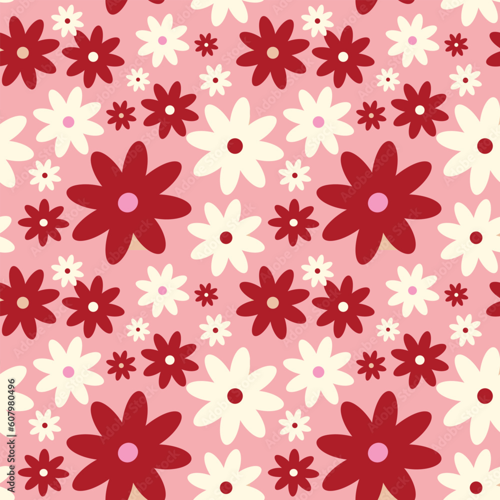 Creative vibrant quirky expressive floral pattern in 60s in bright juicy red pink colors Creative vibrant quirky expressive floral pattern in 60s in bright juicy red pink colors