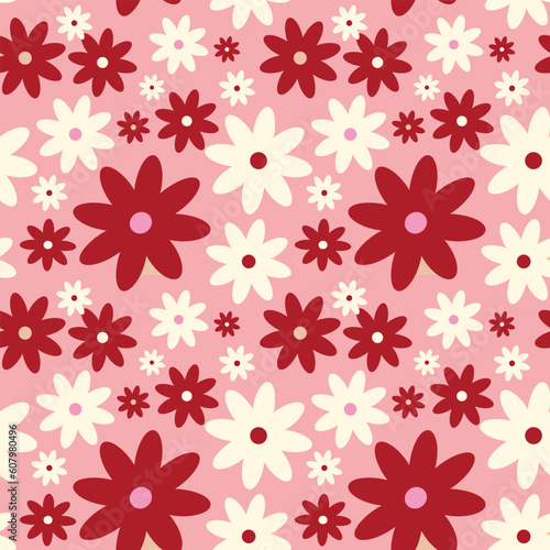 Creative vibrant quirky expressive floral pattern in 60s in bright juicy red pink colors