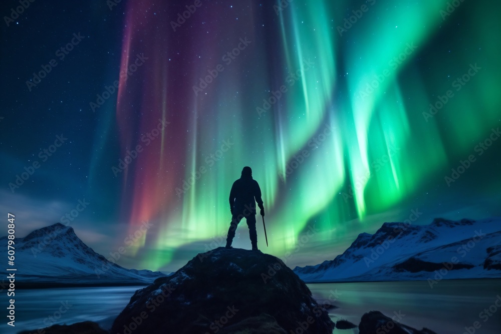 hiker stands on a rock and admires the northern lights created with Generative AI technology