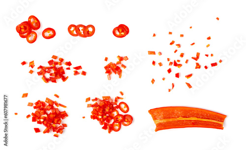 Fotografie Chopped Chili Peppers Cut Isolated, Fresh Spicy Chilli Pepper Pieces, Red Hot Ch