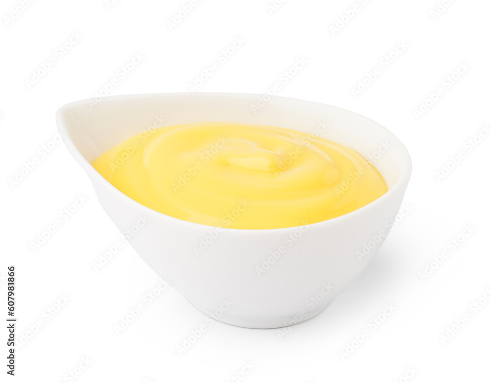 Bowl with tasty cheddar cheese sauce on white background Bowl with tasty cheddar cheese sauce on white background