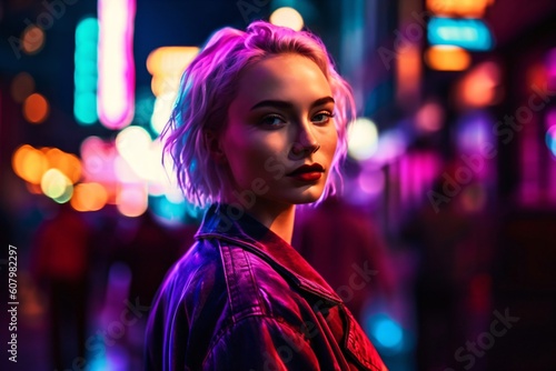 pretty young woman with blonde hair and red lips in a lighted street created with Generative AI technology