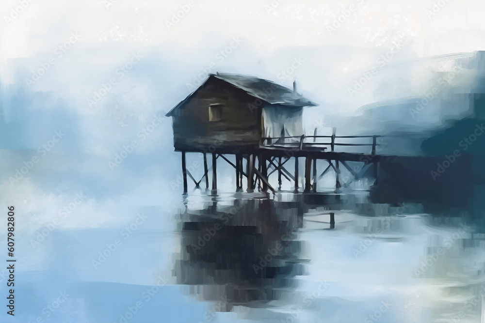 river, house, fog. AI generative