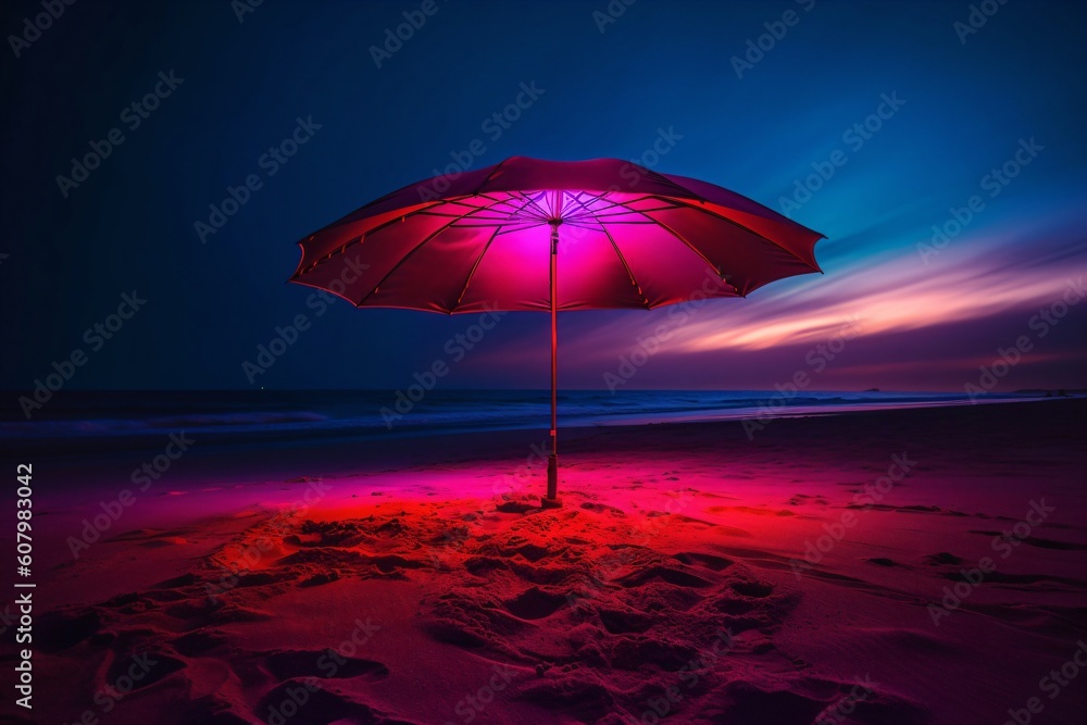 bright red parasol on sandy beach at night created with Generative AI technology