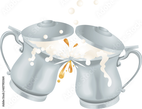 Illustration of overflowing Oktoberfest silver coloured metal ale beer mug tankards with lids toasting