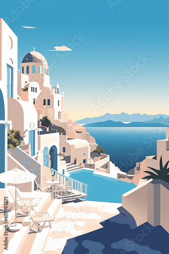 Minimalist, flat design, poster, santorini landscape, stunning, summer, blue sea. AI generative