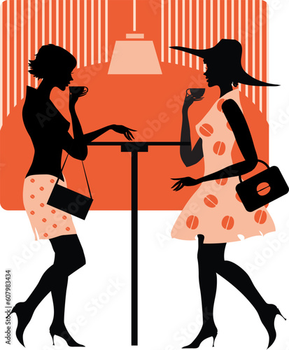 Vector illustration of two retro style ladies in cafe