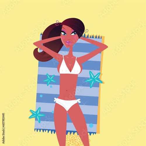 Brown hair and dark skin girl enjoys sun tan bed. Vector Illustration of sexy woman lying on summer beach.
