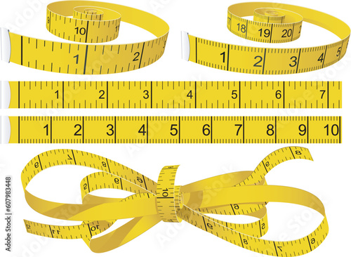 Yellow Measuring Tapes set in different shape in centimeters and inches