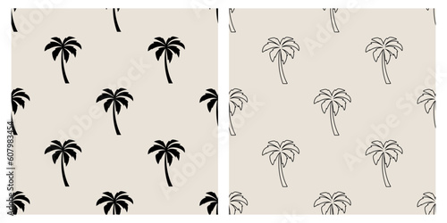 Vector Seamless Pattern with Palm Trees, Palm Tree Design Template, Print. Palm Silhouettes. Tropical, Vacation, Beach, Summer Concept. Vector Illustration. Front View