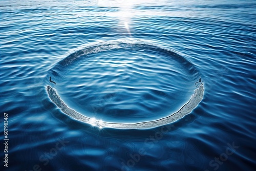concentric circle waves on blue fresh sea water surface.