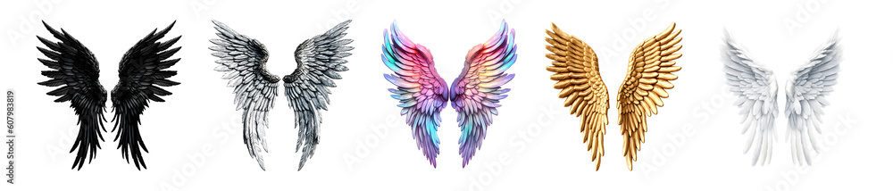 Obraz premium collection of different luxury wings on transparent background, black, white, silver, gold and colorful wings for your creativity isolated on white background, generative ai