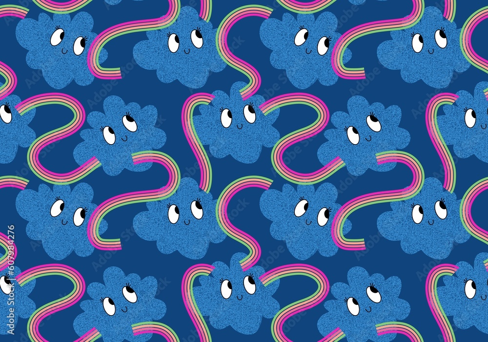 Retro summer cartoon seamless sun and rainbow and clouds pattern for wrapping paper and kids clothes print Retro summer cartoon seamless sun and rainbow and clouds pattern for wrapping paper and kids clothes print