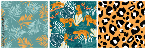 Set of seamless pattern with leopards in the jungle with palm trees and flowers, animal print. Predatory cats on a natural tropical print. Vector graphics.