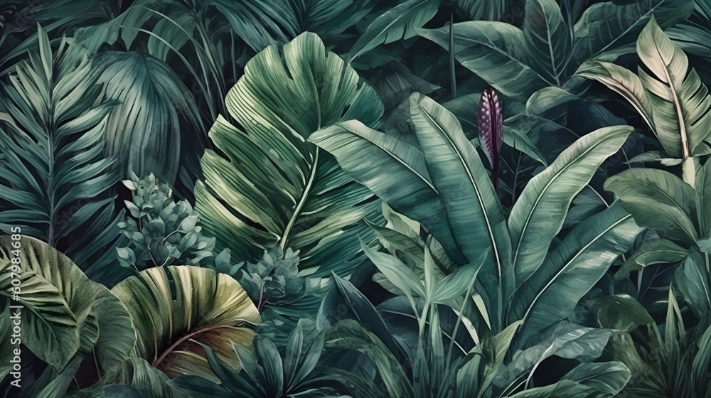 Obraz premium Tropical leaves in a jungle watercolour background