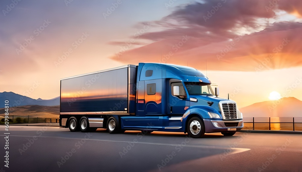 a blue semi truck driving down a road with mountains in the background at sunset or dawn with a bright sun shining on the truck's cab.