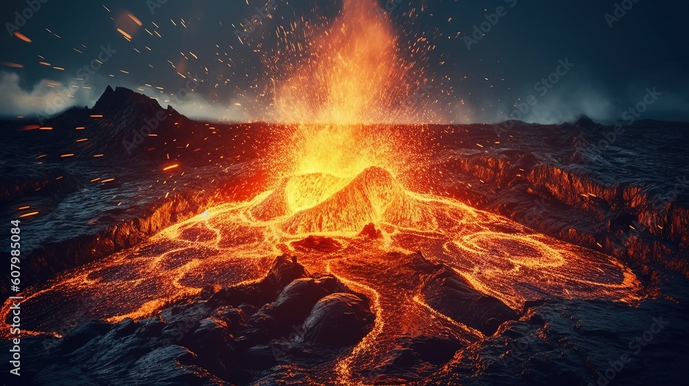 a lava flowing into a volcano. Generative AI Art. - obrazy, fototapety, plakaty 