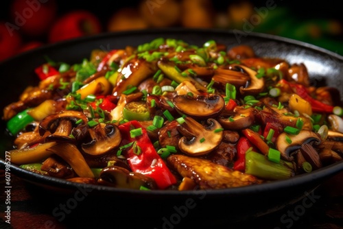 An image showcasing a sizzling stir-fry pan filled with vibrant shiitake mushrooms, colorful vegetables, and aromatic spices, representing the fusion of flavors in Asian cuisine. Generative Ai