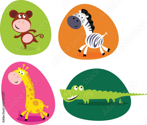 Vector Illustration of four cute wild animals buttons - monkey, zebra, giraffe and crocodile.