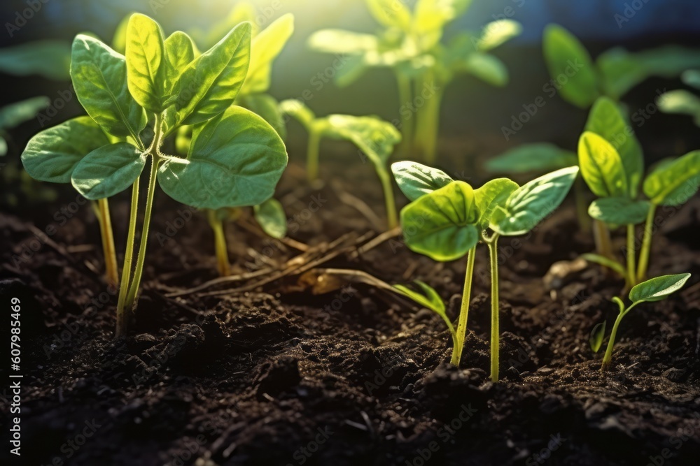 Close-up view of young plants sprouting from the soil, highlighting the chlorophyll-filled leaves and emphasizing sustainable and organic farming practices. Generative Ai Close-up view of young plants sprouting from the soil, highlighting the chlorophyll-filled leaves and emphasizing sustainable and organic farming practices. Generative Ai