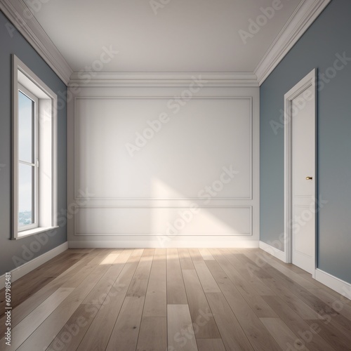 Empty room with blue walls and parquet floor. Baseboard, and molding on walls. Created with generative AI