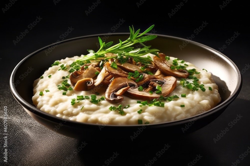 Beautifully plated dish of creamy mushroom risotto, garnished with fresh herbs, emphasizing the culinary potential of these flavorful mushrooms. Generative Ai