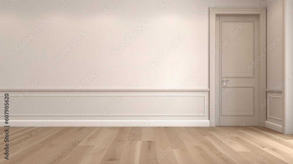 Naklejka premium Empty room with white wall and wooden floor. 3D rendering minimalistic style. baseboard, paneling, modling. Created with generative AI